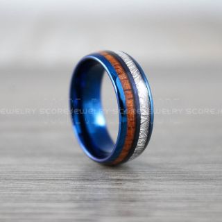 Meteorite Ring, Koa Wood Ring, Blue Tungsten Band with Meteorite Inlay, Meteorite Wedding Band, Meteorite Wedding Ring, Blue Tungsten Ring