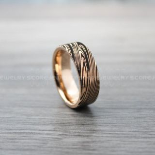 Damascus Steel Ring, Damascus Steel Wedding Band, Rose Gold Ring, Rose Gold Tungsten Band with Flat Edge Damascus Steel Pattern Laser Engraved Tungsten Wedding Ring
