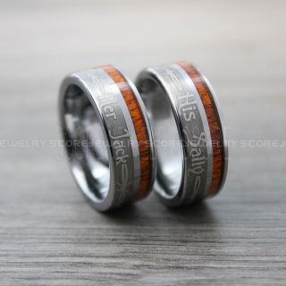 Jack and Sally Ring, Koa Wood Rings, Koa Wood Tungsten Bands, 2 Piece Couple Set Silver Tungsten Bands Her Jack & His Sally 8mm Koa Silver Tungsten Wedding Bands