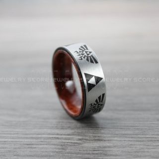 Zelda Ring, Gamer Ring, Legend of Zelda Ring with Wood Interior, Zelda Wedding Ring, Zelda Wedding Band, Black Tungsten Ring, Black Wedding Band