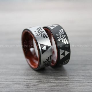 Zelda Rings, Gamer Rings, 2 Piece Couple Set Legend of Zelda Rings with Wood Interior, Zelda Wedding Rings, Zelda Wedding Bands, Black Tungsten Rings, Black Wedding Bands
