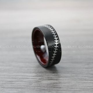 Baseball Ring, Baseball Ring, Baseball Stitch Pattern Ring with Wood Interior, Black Tungsten Ring, Black Ring, Black Wedding Band, Black Wedding Ring, Baseball Stitch Ring, Black Tungsten Band