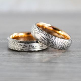 Damascus Steel Ring, 2 Piece Couple Set Damascus Steel Rings, Gunmetal Rings, Rose Gold Tungsten Bands Damascus Steel Pattern Laser Engraved Tungsten Wedding Rings