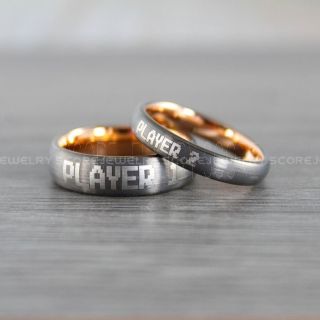 Player 1 Player 2 Rings, Gamer Rings, Gunmetal Tungsten Rings, Gunmetal Wedding Bands, Couple Ring Set Gamer Rings, Gunmetal Gamer Rings