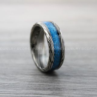 Meteorite Ring, Damascus Steel Ring, Black Tungsten Band with Blue Meteorite Inlay and Damascus Steel Pattern, Meteorite Wedding Band, Meteorite Wedding Ring, Black Tungsten Ring