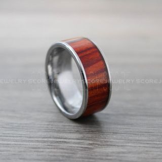 Koa Wood Ring, Koa Wood Wedding Band with Damascus Steel Pattern, 10mm Silver Tungsten Band with Flat Edge Koa Wood Inlay, 10mm Koa Wood Tungsten Wedding Ring