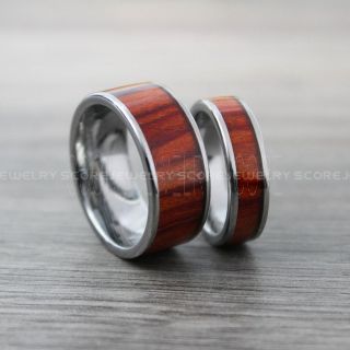 Koa Wood Rings, Koa Wood Wedding Bands with Damascus Steel Pattern, 10mm & 6mm Silver Tungsten Bands with Flat Edge Koa Wood Inlay, Koa Wood Tungsten Wedding Rings