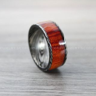 Koa Wood Ring, Koa Wood Wedding Band with Damascus Steel Pattern, 10mm Black Tungsten Band with Flat Edge Koa Wood Inlay, 10mm Koa Wood Tungsten Wedding Ring