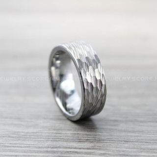 Damascus Steel Ring, Damascus Steel Pattern Wedding Band, Hammered Tungsten Ring, Hammered Wedding Band, 8mm Silver Hammered Wedding Ring