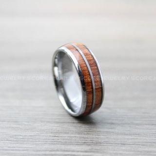 Koa Wood Ring, Koa Wood Wedding Band, 8mm Silver Tungsten Band with Domed Edge and Koa Wood Inlay, Koa Wood Tungsten Wedding Ring
