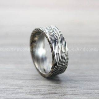 Damascus Steel Ring, Damascus Steel Pattern Wedding Band, Hammered Tungsten Ring, Hammered Wedding Band, 8mm Black Hammered Wedding Ring