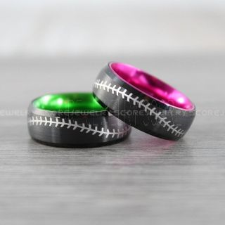 2 Piece Couple Set Baseball Rings, Pink Tungsten Rings, Green Rings, Black Wedding Bands, Black Wedding Rings, Baseball Stitch Rings, Pink Wedding Bands