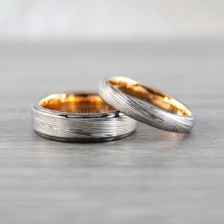 Damascus Steel Ring, 2 Piece Couple Set Damascus Steel Rings, Gunmetal Rings, Rose Gold Tungsten Bands Damascus Steel Pattern Laser Engraved Tungsten Wedding Rings
