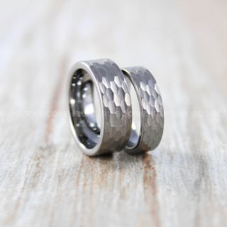 Hammered Rings, Hammered Wedding Bands, 2 Piece Couple Set Hammered Rings, Silver Wedding Bands, Silver Hammered Tungsten Bands, Silver  Wedding Rings, Silver Tungsten Wedding Rings