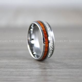 Meteorite Ring, Koa Wood Ring, Silver Tungsten Band with Meteorite Inlay, Meteorite Wedding Band, Meteorite Wedding Ring, Silver Tungsten Ring