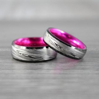 Damascus Steel Rings, 2 Piece Couple Set Damascus Steel Pattern Wedding Bands, Black Wedding Bands, Black Tungsten Rings, Black Wedding Rings