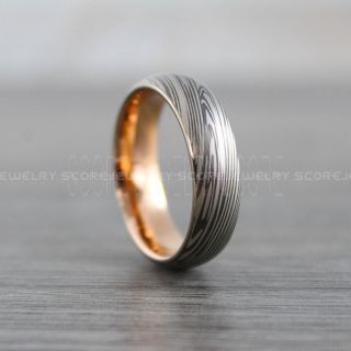 Gunmetal Ring, Damascus Steel Ring, Rose Gold Ring, Rose Gold Tungsten Band, Damascus Steel Pattern Laser Engraved Tungsten Wedding Ring