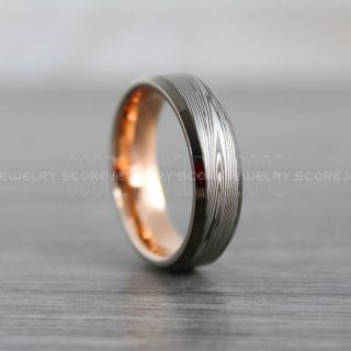 Gunmetal Ring, Damascus Steel Ring, Rose Gold Ring, Rose Gold Tungsten Band, Damascus Steel Pattern Laser Engraved Tungsten Wedding Ring