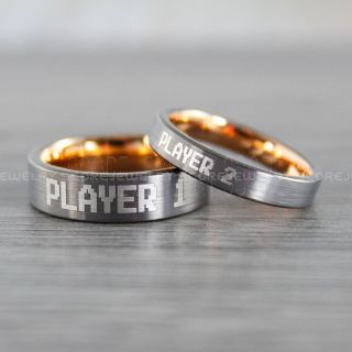 Player 1 Player 2 Rings, Gamer Rings, Gunmetal Tungsten Rings, Gunmetal Wedding Bands, Couple Ring Set Gamer Rings, Gunmetal Gamer Rings