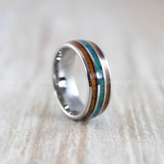Opal Ring, Koa Wood Ring, Silver Tungsten Band with Opal Inlay, Opal Wedding Band, Opal Wedding Ring, Silver Tungsten Ring