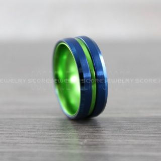 Classic 8mm Blue Tungsten Ring with Beveled Edge Green Groove and Green Interior, Blue Wedding Band, Blue Wedding Ring, Blue Tungsten Wedding Ring