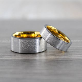 2 Piece Couple Set Doctor Who Rings, Gallifreyan Ring Doctor Who Jewelry, Doctor Who Wedding Bands, Doctor Who Wedding Rings, 10mm & 6mm Silver Tungsten Rings