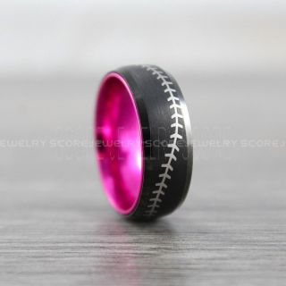 Baseball Ring, Pink Tungsten Ring, Pink Ring, Black Wedding Band, Black Wedding Ring, Baseball Stitch Ring, Pink Wedding Band