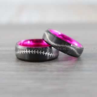 Baseball Rings, Baseball Jewelry, 2 Piece Couple Set Baseball Rings, Pink Tungsten Rings, Pink Rings, Black Wedding Bands, Black Wedding Rings, Baseball Stitch Rings, Pink Wedding Bands