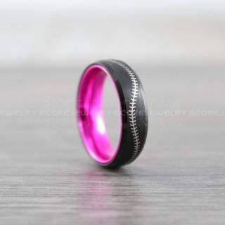 Baseball Ring, Pink Tungsten Ring, Pink Ring, Black Wedding Band, Black Wedding Ring, Baseball Stitch Ring, Pink Wedding Band