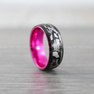 American Flag Ring, Camo Ring, Camouflage Ring, Pink Tungsten Ring, Pink Ring, Black Wedding Band, Black Wedding Ring, Military Ring, Army Ring, Pink Wedding Band