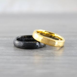 Hammered Rings, Hammered Tungsten Rings, 2 Piece Couple Set Hammered Ring, Yellow Gold Wedding Bands, Black Hammered Tungsten Bands, Yellow Gold Wedding Rings, Black Tungsten Wedding Rings