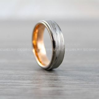 Gunmetal Ring, Damascus Steel Ring, Rose Gold Ring, Rose Gold Tungsten Band, Damascus Steel Pattern Laser Engraved Tungsten Wedding Ring