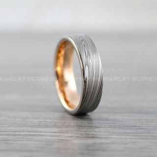Gunmetal Ring, Damascus Steel Ring, Rose Gold Ring, Rose Gold Tungsten Band, Damascus Steel Pattern Laser Engraved Tungsten Wedding Ring