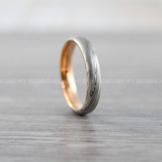Gunmetal Ring, Damascus Steel Ring, Rose Gold Ring, Rose Gold Tungsten Band, Damascus Steel Pattern Laser Engraved Tungsten Wedding Ring