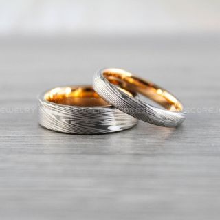 Damascus Steel Ring, 2 Piece Couple Set Damascus Steel Rings, Gunmetal Rings, Rose Gold Tungsten Bands Damascus Steel Pattern Laser Engraved Tungsten Wedding Rings