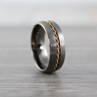 Gunmetal Tungsten Ring with Domed Edge Brushed Finish and 14K Rose Gold Center Rope Inlay 8mm Tungsten Wedding Band 