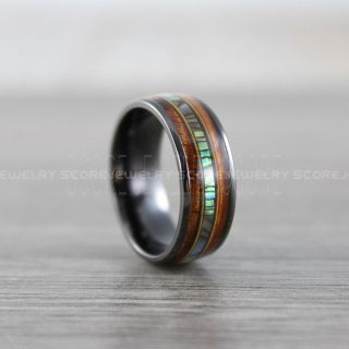 Guitar Ring, Guitar String Ring, Guitar String Wedding Band, Abalone Shell Ring, Koa Wood Wedding Band, Koa Ring Black Tungsten Wedding Ring