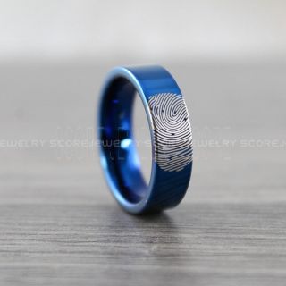 Fingerprint Ring, Fingerprint Wedding Ring, Fingerprint Wedding Band, Blue Wedding Band, Blue Wedding Ring, Blue Tungsten Ring