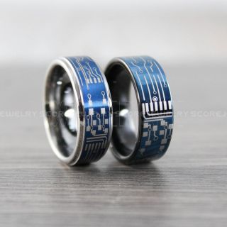 Circuit Board Rings, Circuit Board Jewelry, Technology Ring, Engineer Rings, 2 Piece Couple Set Circuit Board Rings, Blue Tungsten Ring, Geek Rings, Geek Jewelry