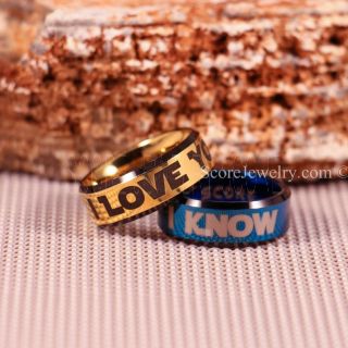 Star Wars Rings, Star Wars Jewelry, I Love You I Know Rings, 2 Piece Couple Set Star Wars Rings, Star Wars Wedding Bands, Matching I Love You I Know Rings, Blue Wedding Rings, 14K Yellow Gold Tungsten Bands, Star Wars Wedding Bands
