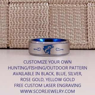 Fishing Ring, Fish Hook Ring, Bass Ring, Bass Fishing Ring, Blue Ring, Blue Tungsten Ring, Blue Wedding Band, Hunting Ring, Fish Hooks Wedding band