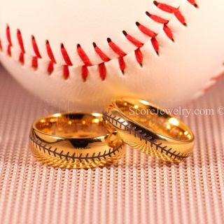 Baseball Rings, 2 Piece Couple Set Baseball Stitch Pattern Rings, 14K Yellow Gold Tungsten Rings, Yellow Gold Rings, Yellow Gold Wedding Bands, Yellow Gold Wedding Rings, Baseball Stitch Rings, Yellow Gold Wedding Bands
