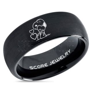 Snoopy Ring, Snoopy Wedding Ring, Snoopy Wedding Band, Black Tungsten Ring, Black Ring, Black Wedding Band, Black Wedding Ring