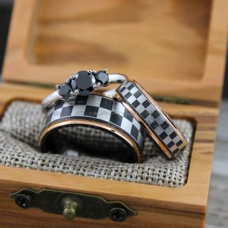 Racing Rings, Racing Flag Rings, Checkered Flag Rings, Chequered Flag Rings, Black Tungsten Rings, Auto Racing Rings, Black Wedding Bands, Black Tungsten Rings