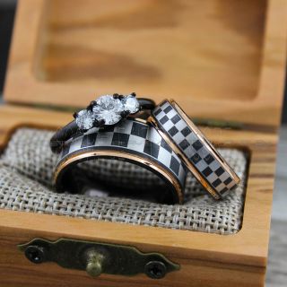 Racing Rings, Racing Flag Rings, Checkered Flag Rings, Chequered Flag Rings, Black Tungsten Rings, Auto Racing Rings, Black Wedding Bands, Black Tungsten Rings