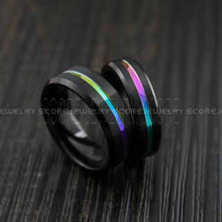 Rainbow Ring, Pride Ring, Black Tungsten Ring with Rainbow Groove, Rainbow Wedding Ring, Rainbow Wedding Band, Black Tungsten Wedding Ring