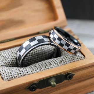 Racing Rings, Racing Flag Rings, Checkered Flag Rings, Chequered Flag Rings, Black Tungsten Rings, Auto Racing Rings, Black Wedding Bands, Black Tungsten Rings
