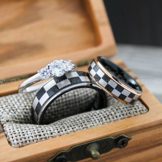 Racing Rings, Racing Flag Rings, Checkered Flag Rings, Chequered Flag Rings, Black Tungsten Rings, Auto Racing Rings, Black Wedding Bands, Black Tungsten Rings