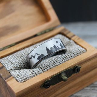 Wolf Ring, Bear Ring, Forest Scene Ring, Mountain Scene Ring, Hunting Ring, Forest Scene Design, Hunting Wedding Ring