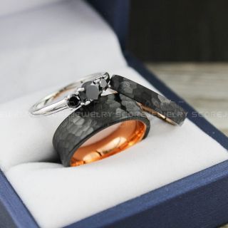 Hammered Rings, Couple Wedding Rings, Rose Gold Wedding Bands, Rose Gold Wedding Rings, Black & Rose Gold Wedding Rings, Rose Gold Couple Wedding Band